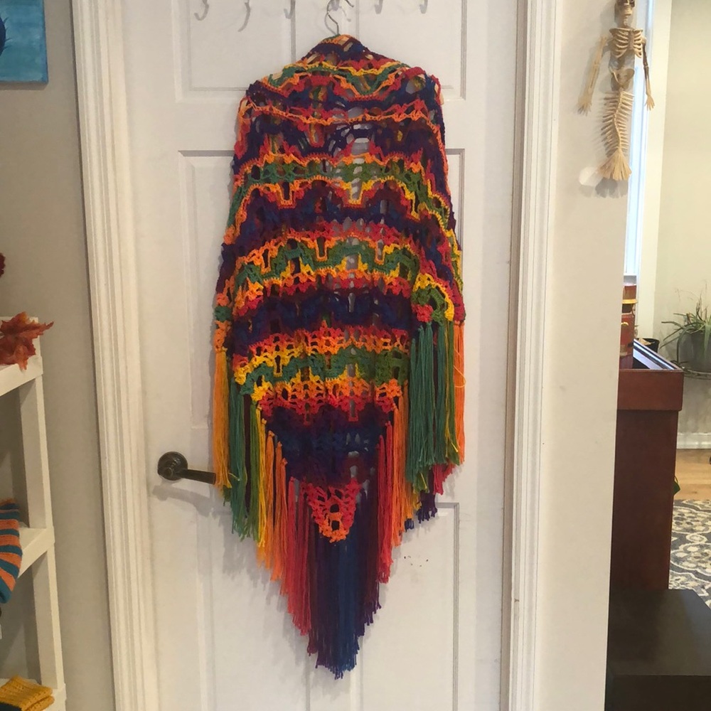 Rainbow skull pattern poncho shawl handmade crochet warm wrap fringed